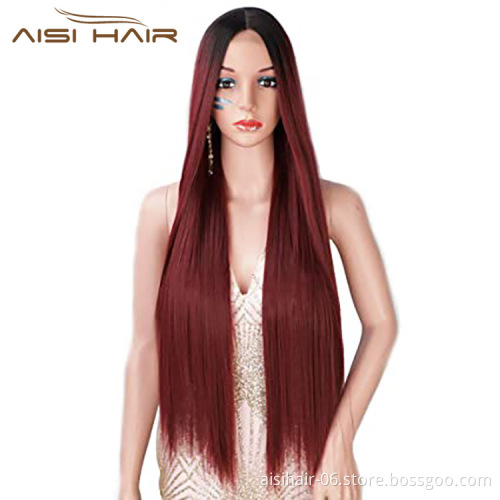 Aisi Hair Cosplay Wholesale Cheap Vendor Silky Straight Swiss Lace Ombre Red Synthetic Hair For Black Women Lace Front Wig